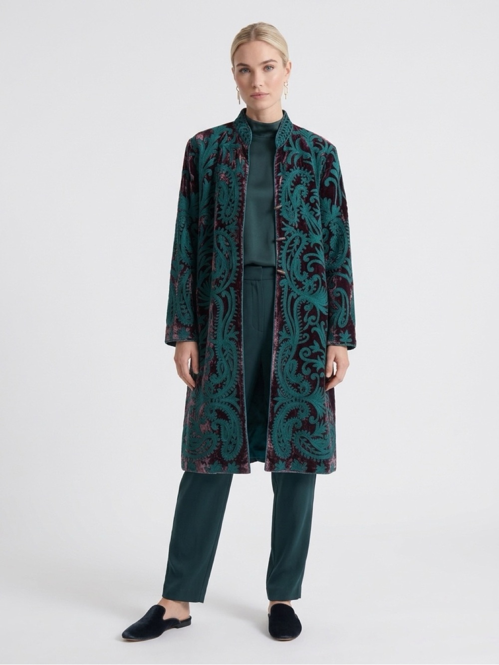 Teal Paisley Open-Front Long Coat